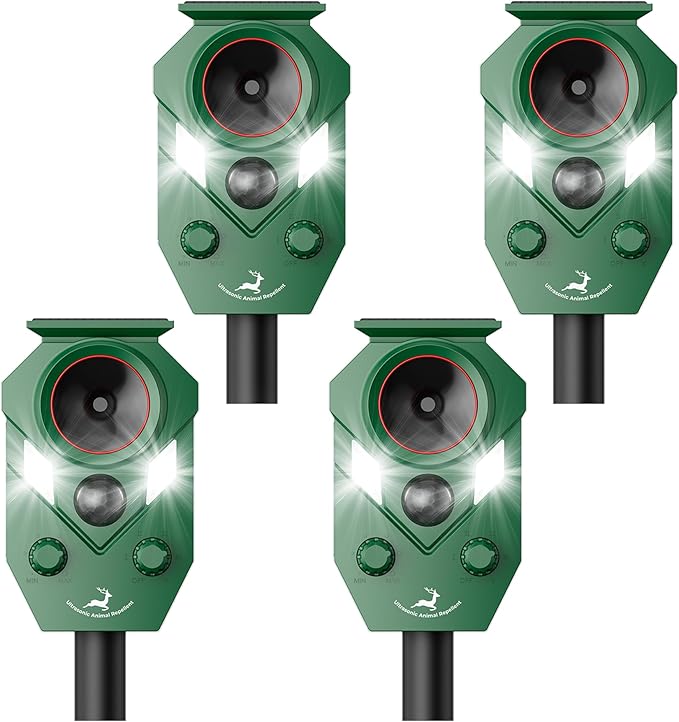 Ultrasonic Deer Repellent Outdoor, Solar-Powered Waterproof Animal Repellent Device for Yard, Garden, and PlantsEffective Repel Cat, Dog, Squirrel, Deer, Raccoon, Rabbit, and Skunk (4)