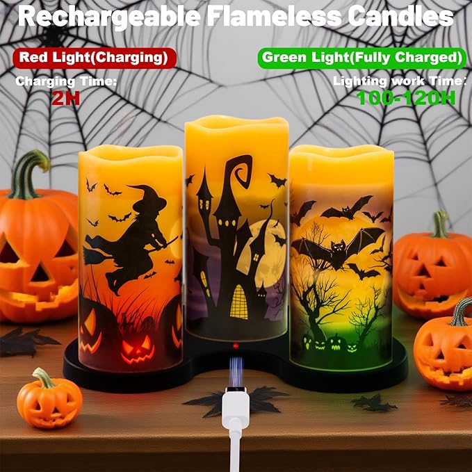 DRomance Rechargeable Halloween Flameless Candles Battery Operated with 6 Hour Timer Real Wax Flickering LED Pillar Candles Bats Witch Pumpkin Dinner Halloween Indoor Deocration(3 Pack, 3" D x 6" H)