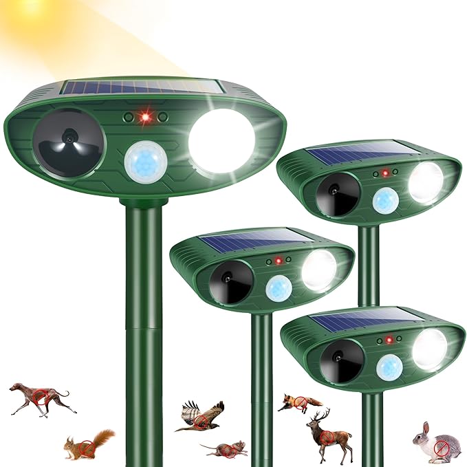 4Pack Solar Ultrasonic Animal Repellent Outdoor Deer Repellent Devices with Motion Detection&Flash Light Squirrel Rabbit Dog Cat Deterrent,Keep Rodent Chipmunk Raccoon Away for Yard Garden Lawn 2025