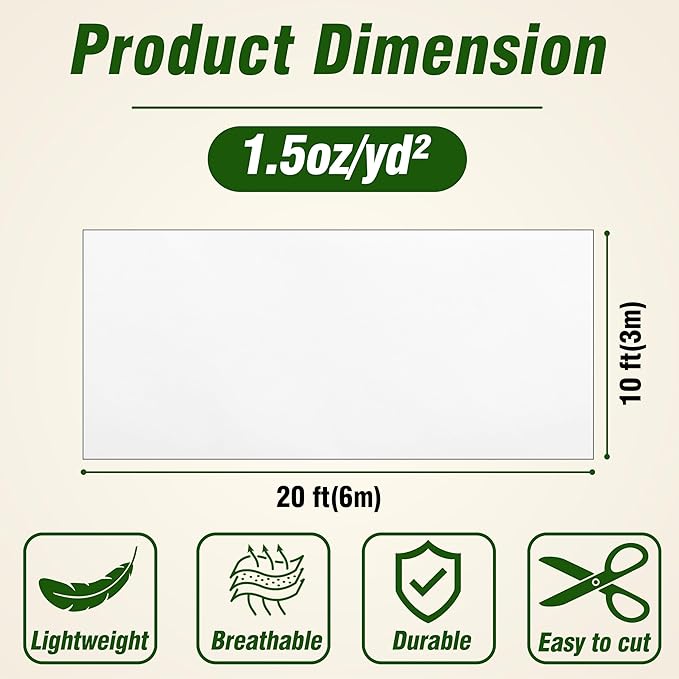 Gardzen 1.5 oz Plant Covers Freeze Protection, Reusable 10ft x 20ft Floating Row Covers, Thicker Frost Blankets for Outdoor Plants, Pests Protection, White