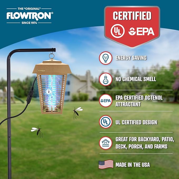 Flowtron Bug Zapper, 1-1/2 Acre of Outdoor Coverage with Powerful 80W Bulb & 5600V Instant Killing Grid, Electric Insect, Fly & Mosquito Zapper, Made in The USA, UL Certified - Tan Color