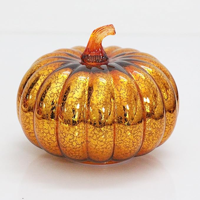Mercury Glass Pumpkin Lights with Timer, Battery Operated Led Pumpkin Lights for Halloween Fall,Thanksgiving Rustic Decor (Gold Common, 6")