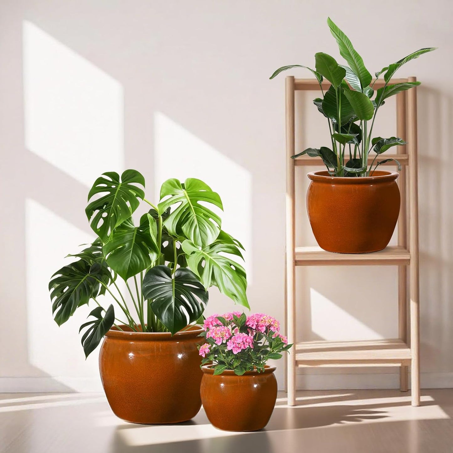 Ceramic Plant Pots Set of 3,9+11.6+14.6 Inch Flower Planters with Drainage Holes Indoor Outdoor, 19.8/8.7/3.8 Qt Capacity, Terracotta Brown Glaze