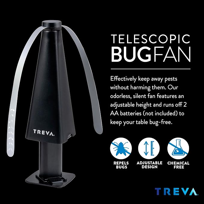 Treva Bug Fan Fly Deterrent with Adjustable Height and Holographic Blades, Telescoping Battery Powered Fly Fan to Clear Bugs, Mosquitoes, and Flies