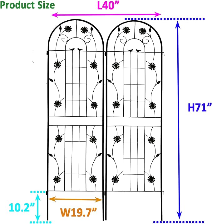 2 Pack Metal Garden Trellis for Climbing Plant Rose Stand, Black Outdoor 71'' Tall Flower Support Iron Garden Fence (Black 71''H