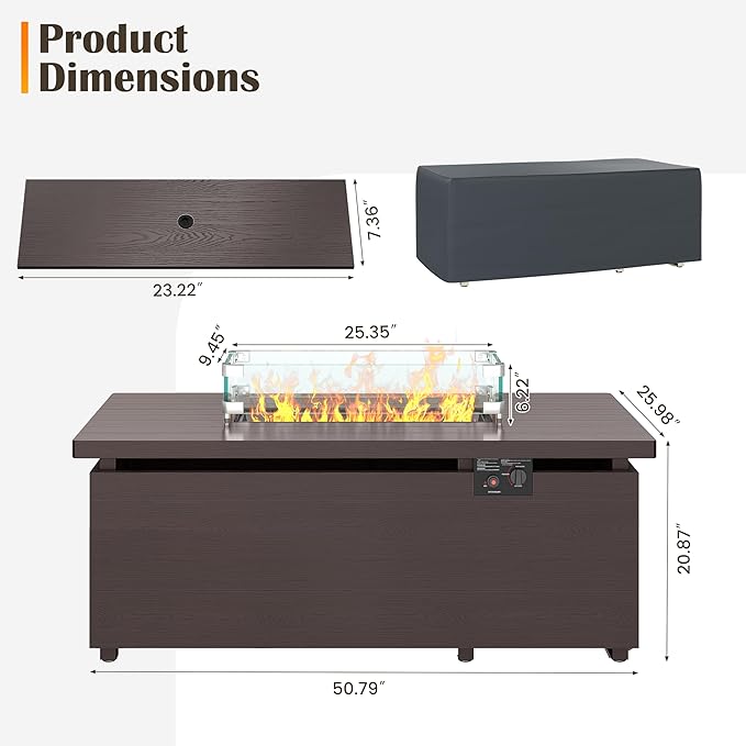 Sundale 50 Inch Outdoor Fire Pit Table, 50,000BTU Rectangle Propane Fire Pit with Glass Wind Guard, Rain Cover, Removable Lid, CSA Certified, Brown