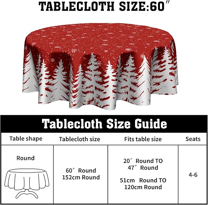 Giwawa Xmas Round Tablecloth 60 Inch, Farmhouse Red White Pine Trees Snowflakes Festive Washable Polyester Table Cover for Picnic Dinner Kitchen Winter Seasonal Holiday Party Decoration