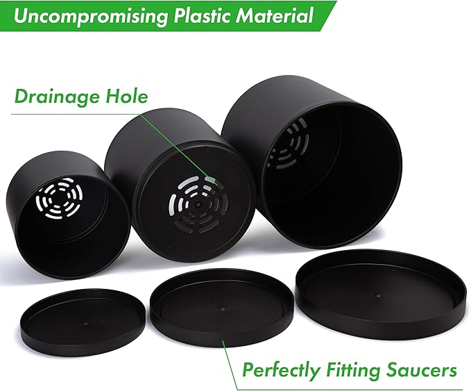 D'vine Dev 10 Inch 12 Inch 14 Inch, Set of 3 Plastic Planter Pots for Plants with Drainage Hole and Seamless Saucers, Black Color, XX-Large, 74-V-B-6
