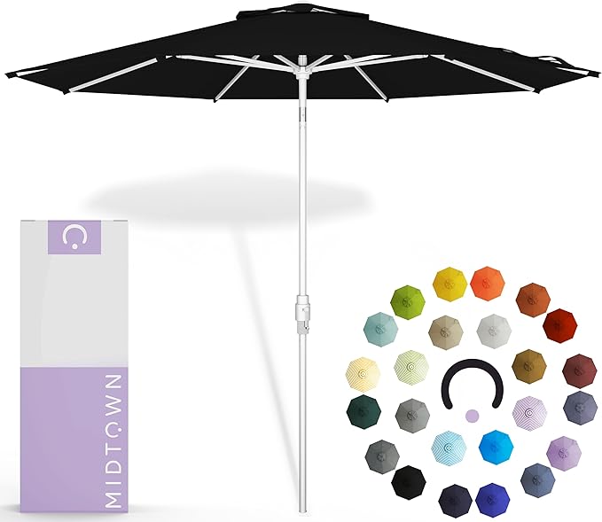 Midtown Umbrellas The Swilt 8 Feet Patio Umbrella in Terylast Ebony (Black) Polyester Fabric - Fiberglass Ribs, Auto-Tilt Aluminum Frame For Backyard, Deck, Garden, Pool - White Pole