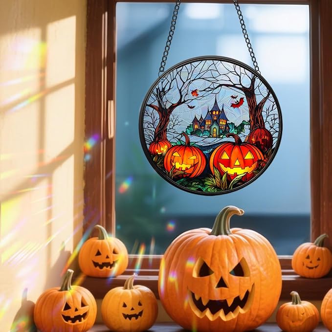 Halloween Sun Catcher - 8 Inch Round Suncatcher for Window Hanging Decoration - Creates Indoor Rainbows Light Refraction - Spooky Ghost, Witch, Pumpkin Design - Suction Cup Hook & Chain