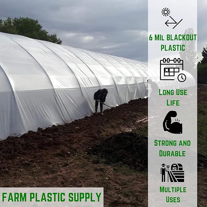 Farm Plastic Supply - Panda Film Light Deprivation Greenhouse Cover - 6 mil - (16' x 50') - 100% Blackout Tarp, Black White Plastic Sheeting, Green House Poly Film