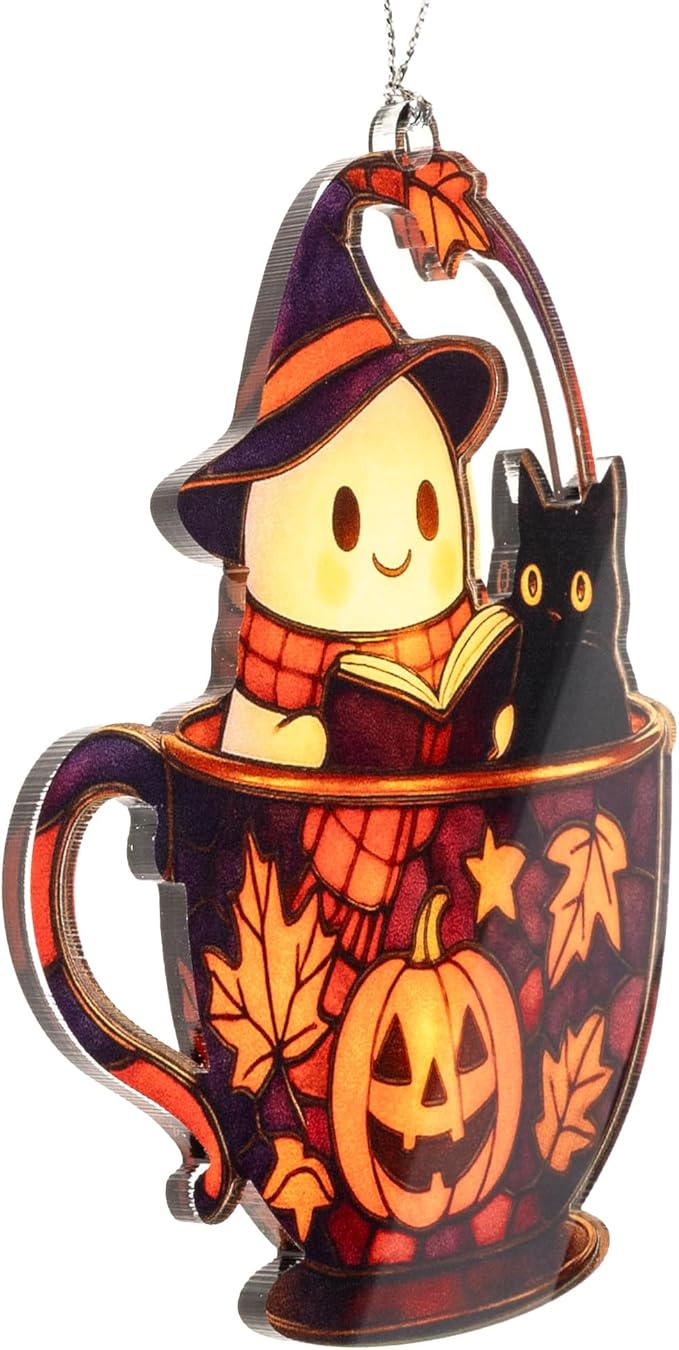 Cute Ghost Halloween Ornament – halloween ornament – ghost gifts – black cat decor – holiday ornament – Suncatcher effect window hanging – Car Hanging
