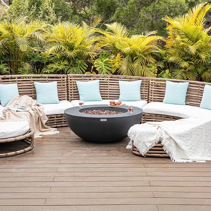 Elementi Lunar Bowl Dark Grey Fire Pit Bundle Outdoor Firepit Set Includes 42” Natural Gas Concrete Firepit, Glass Windscreen, Stainless Steel Cover, Canvas Cover, Floor Mat and Beverage Tub