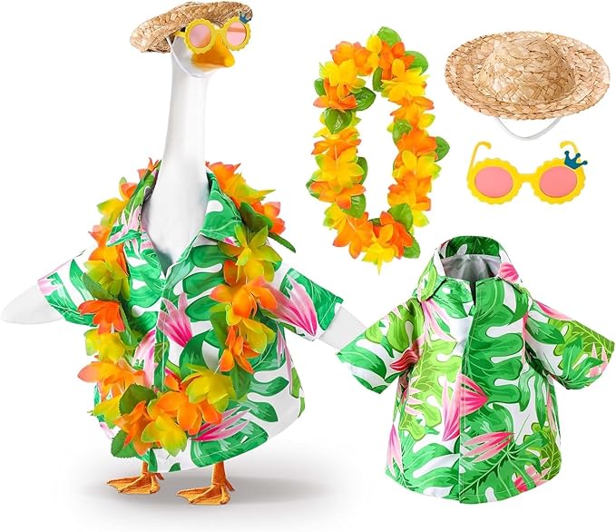 AZYM Hawaiian Porch Goose Outfits,Yard Goose Clothes Hawaiian Wreath with Straw Hat Glasses,4 Pcs/Set Summer Lawn Goose Costume,for 23" Statue Patio Garden Decoration