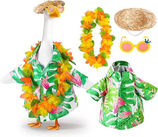 AZYM Hawaiian Porch Goose Outfits,Yard Goose Clothes Hawaiian Wreath with Straw Hat Glasses,4 Pcs/Set Summer Lawn Goose Costume,for 23" Statue Patio Garden Decoration