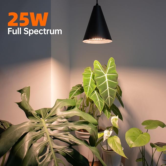 Hanging Grow Lights, Full Spectrum Hanging Plant Lights for Indoor Plants, 25W Black Grow Light Bulbs with 16.4FT Power Cord, 3000K Grow Light for Indoor Plant with Timer for Garden, Flowers