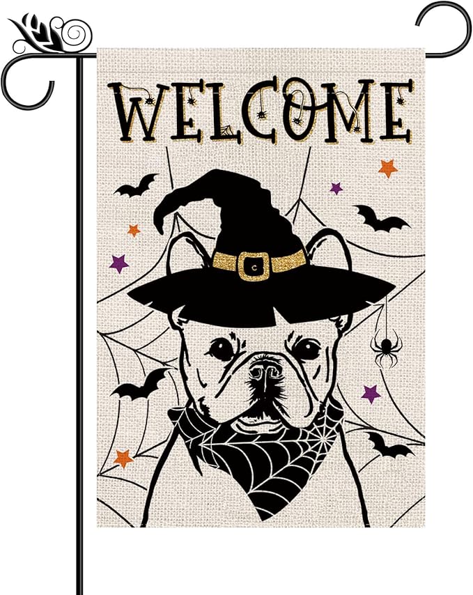Halloween Garden Flag French Bulldog Cobweb Bats Double Sided Vertical Welcome Flag Holiday Outdoor Yard Lawn Decorations 12.5 x 18 Inch