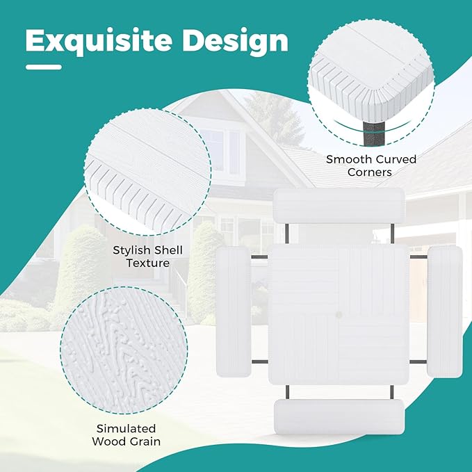 Giantex Picnic Table Bench Set for 4-8 People, 34" Outdoor Square Dining Table & 2 Benches w/Umbrella Hole, HDPE Tabletop, Metal Frame, Patio Camping Furniture for Backyard Porch Lawn (White,Square)