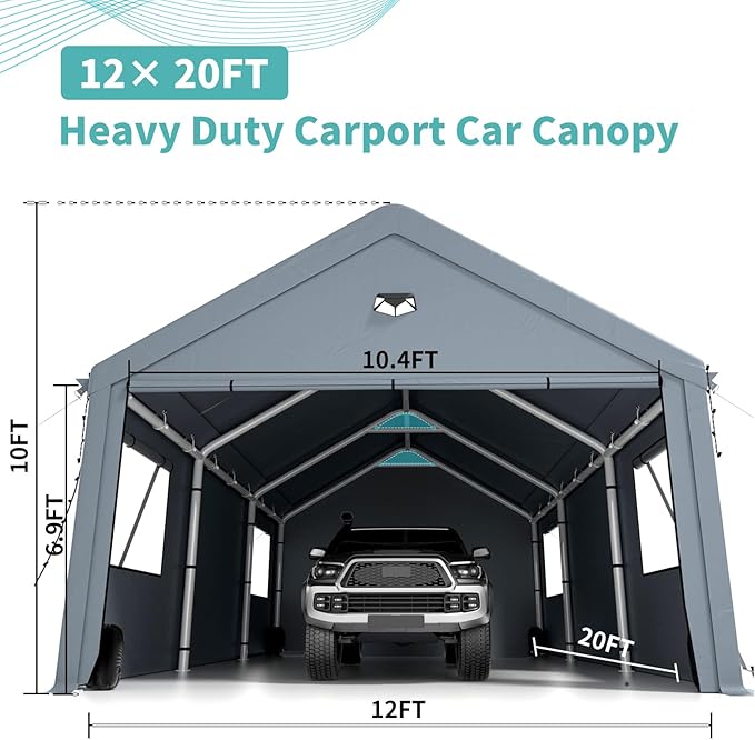 Carports 12X20 Heavy Duty，Car Port with 180G Removable Side Walls, Carport Canopy, Portable Car Port Garage, Car Shelter All Weather,Grey