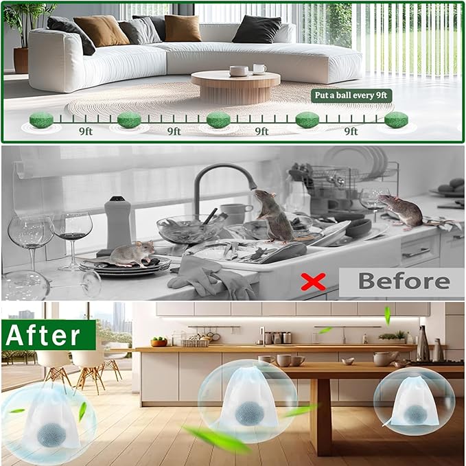12 Pack Rodent Repellent Moth Balls–Peppermint Oil Spray for Rodents,Natural Mice Repellent Indoor,Safe for Family & Pets