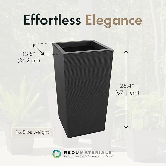 Tierra Verde Indoor & Outdoor Self-Watering Square Planter, Citadel Horizon, 13.5" x 26", Black - Planting Containers for Plants and Flowers - Gardening and Landscaping Accessories