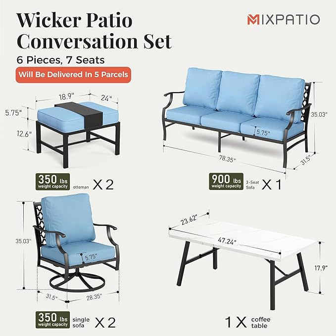 Patio Furniture Set 6 pcs, Outdoor Patio Furniture, 3-Seat Sofa, 2 Swivel Chairs, 2 Ottomans, Coffee Table and 5.75" Extra Thick Cushion, Patio Conversation Set for Garden Backyard Deck,Blue