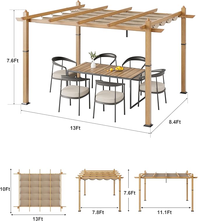 10x13 Ft Outdoor Retractable Pergola with Adjustable Roof Modern Metal Patio Gazebo, Upgraded Faux Wood Grain Aluminum Pergola for Deck, Backyard Gardens, Porches, Grapevines, Khaki