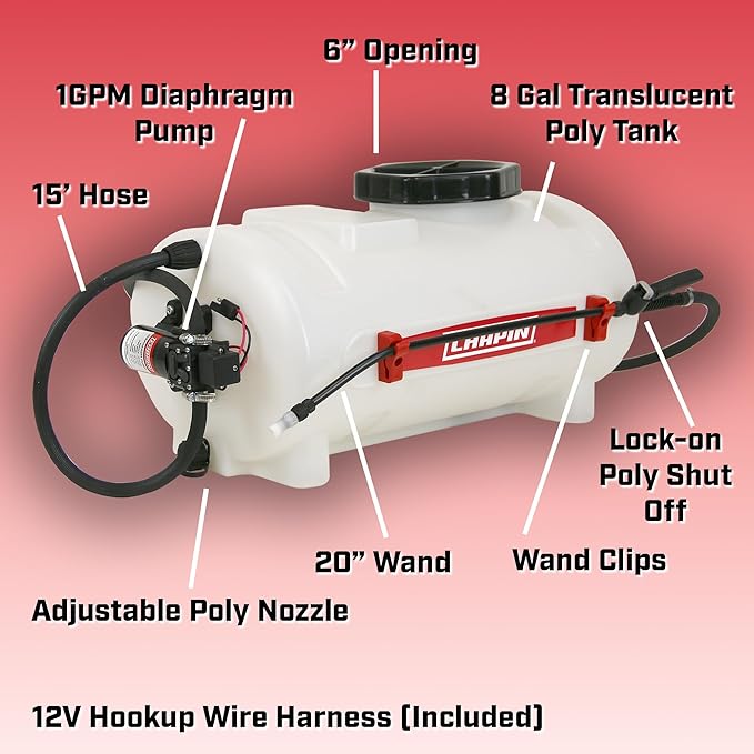 97084: 8-Gallon ATV Multi-Purpose Tank Sprayer with 12V Hookup for Lawn & Garden, Farm & Acreage, Fertilizers, Pesticides, Herbicides, Fits Garden Carts, ATVs and UTVs, Made in The USA