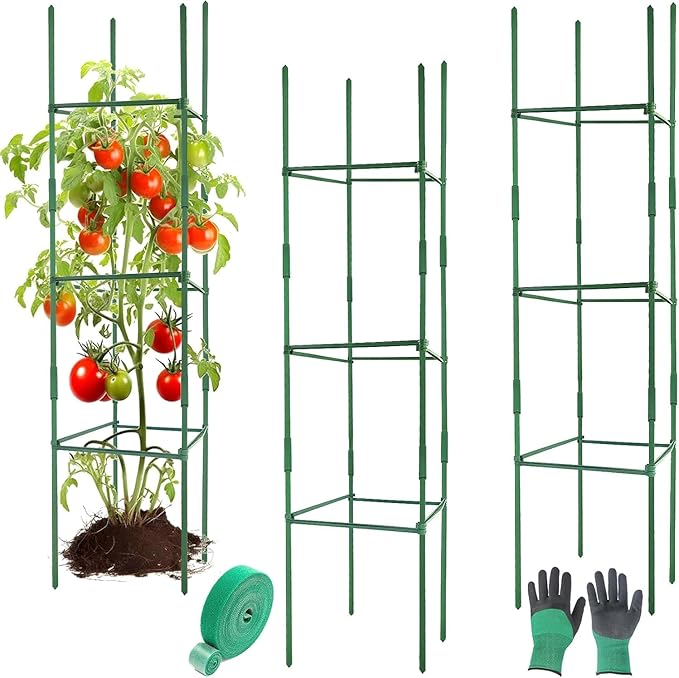 3Pack 12" Width Up to 48" Height Adjustable Square Tomato Cages for Garden, Plant Support Stakes for Climbing Vegetable, Tomatoe, Flower, with Twist Ties Snap-On Stake Arms