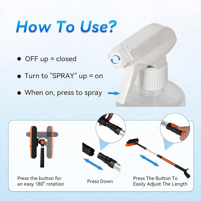 6-in-1 Car Snow Removal Kit with Deicer Spray | 40" Extendable Snow Brush & Ice Scraper, Detachable Snow Shovel, 180° Rotating Head, Foam Grip | Winter Windshield Cleaner for Cars, Trucks & SUVs