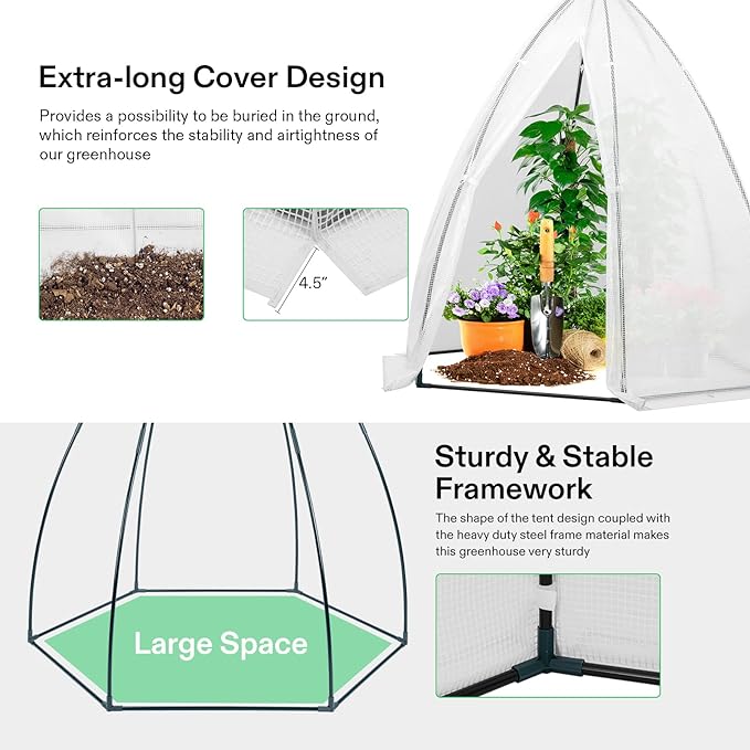 VIVOSUN Portable Mini Greenhouse 72x63x63-Inch Tent-Style Greenhouse, PE Cover with Roll-up Zipper Door and Window, for Indoor Outdoor or Garden Plant Growing, White
