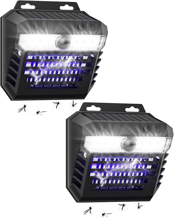 2-in-1 Solar Bug Zapper Outdoor Waterproof with Motion Sensor Light, Cordless Mosquito Zapper Outdoor with 3 Modes, Rechargeable Fly Trap Mosquito Killer Lamp for Patio (Black)