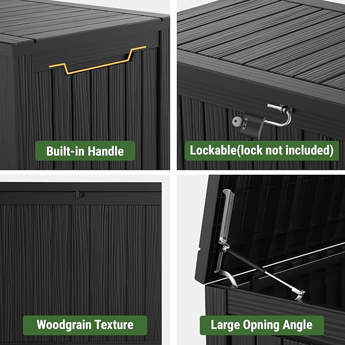 Mars Villa 180 Gallon Outdoor Storage Box, Large Waterproof Resin Deck Box for Patio Furniture Cushions, Pool Supplies, Gardening Tools, Lockable Storage Container, Weatherproof, UV Resistant, Black