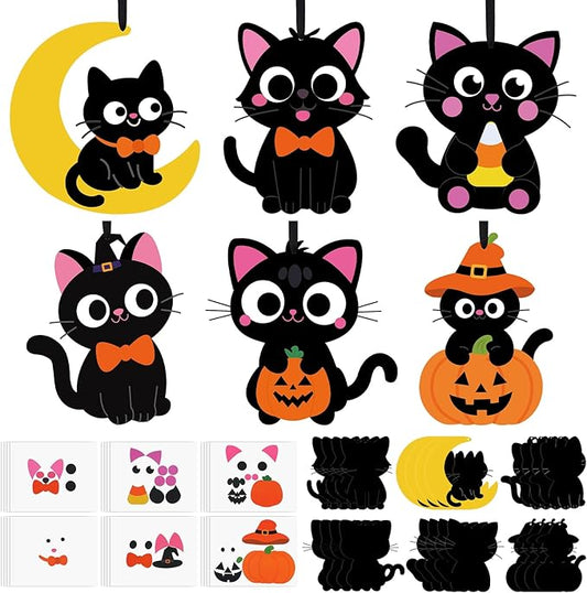 Yexiya 24 Sets Halloween Craft Kits Black Cat Crafts DIY Hanging Ornaments with Sticker and Ribbon Pumpkin Moon Corn Paper Hanging Decor for Halloween Party Decoration