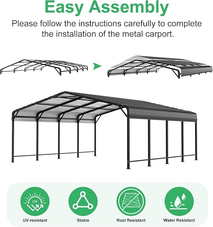 20x20 FT Metal Carport with Heavy Duty Carport Canopy, Car Port with Reinforced Base and Five Canopy Beams, Car Garage Shelter for Car, Boats and Truck