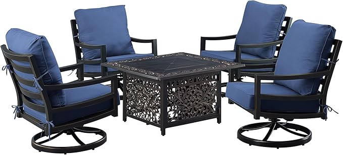 Oakland Living Black Aluminum Patio Fire Table Set with Four Club Chairs with Blue Cushions