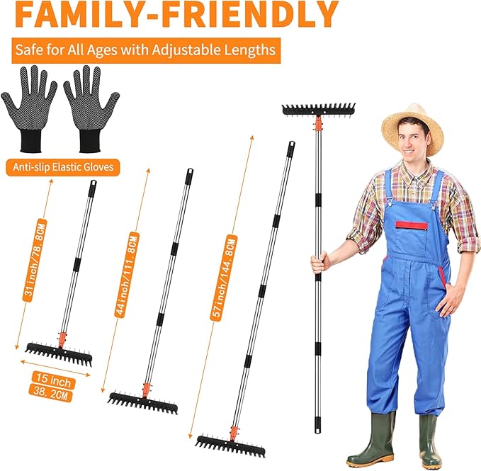 Thatch Rake - 15" Dethatcher Rake for Lawns with Upgraded Dual-Action Tines, Efficient Garden Rake with 57" Adjustable Handle, Heavy Duty Steel Metal Rakes with Reusable Yard Waste Bag & Gloves