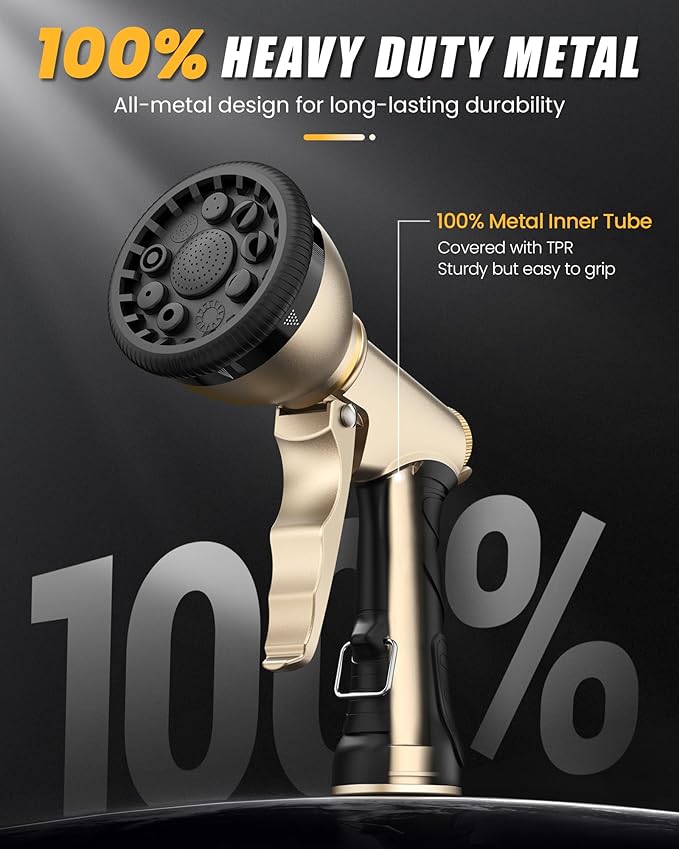 RAINPOINT Garden Hose Nozzle, Heavy Duty Metal Water Hose Sprayer Nozzle with 9 Adjustable Spray Patterns, High Pressure Hand Sprayer for Watering Plants & Lawns(Black)