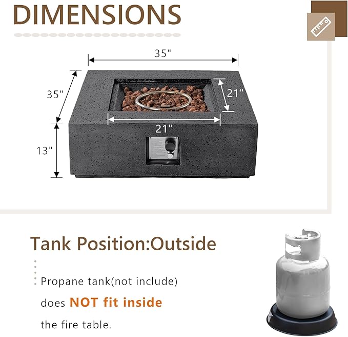 COSIEST Outdoor Propane Fire Pit Coffee Table w Square Faux Stone 35-inch Base, 50,000 BTU Stainless Steel Burner, Free Lava Rocks and Rain Cover, Gray