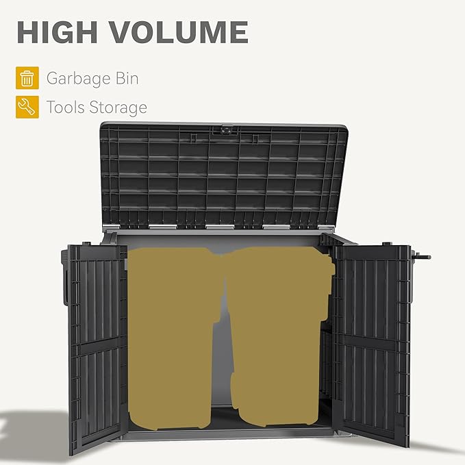 DWVO Tool Storage Shed, Storage for Bakcyard, Patio, and Garden, Resin Plastic Shed with Sloped Lid, Lockable Door, and Wood Grain Finish, Black