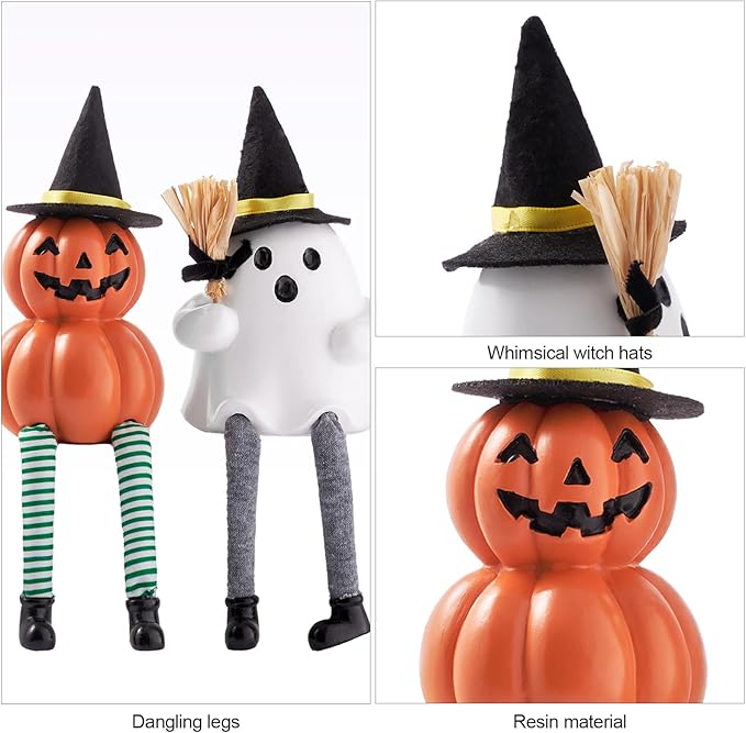 WDS WONDROUS Halloween Decoration-2 Pack Ghost Figurine & Pumpkin Statues for Indoor Mantle Shelf Sitters Table Decor, Cute Resin Pumpkin Ghost Sculpture with Hats, Legs and Broom, Spooky Gift