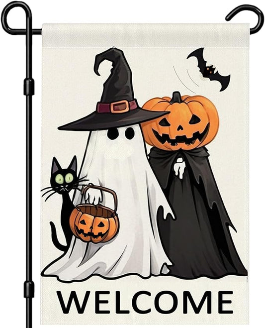 Welcome Halloween Garden Flag 12x18 Double Sided Outside Ghost Jack-o'-Lantern Bat Outdoor Decorative Burlap Yard Flag