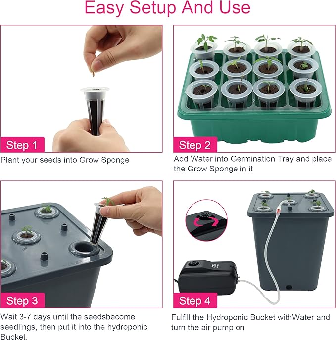 2 Hydroponic Buckets Kit for Plants, Hydroponics Growing System for Herbs/Tomato/Vegetables, DWC System with Air Pump & Germination Tray (Complete Indoor Hydroponic Gardening Supplies)