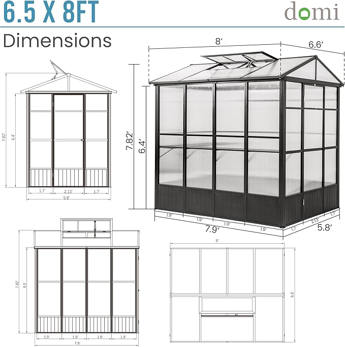 Domi 6.5x8FT Polycarbonate Greenhouse with Automatic Vent, Extra Tall 7.8FT Walk-in Aluminum Frame, Weather-Resistant Green House with Shelves & Hooks for Outdoor Garden, Backyard, Dark Grey