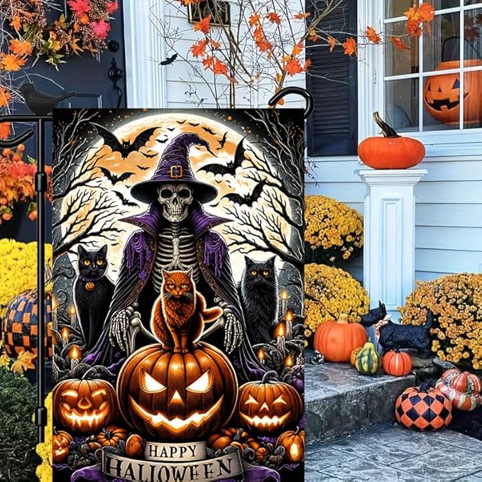 Halloween Garden Flag - Double Sided 12x18 with Ghost, Skull, Wizard, Skeleton Cats, Pumpkins, Bats - Spooky Outdoor Scary Yard Decor