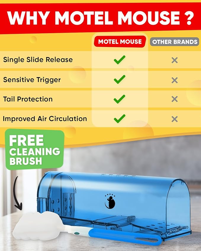 Motel Mouse Humane No Kill Live Catch and Release Mouse Traps, Reusable with Cleaning Brush - 2 Pack