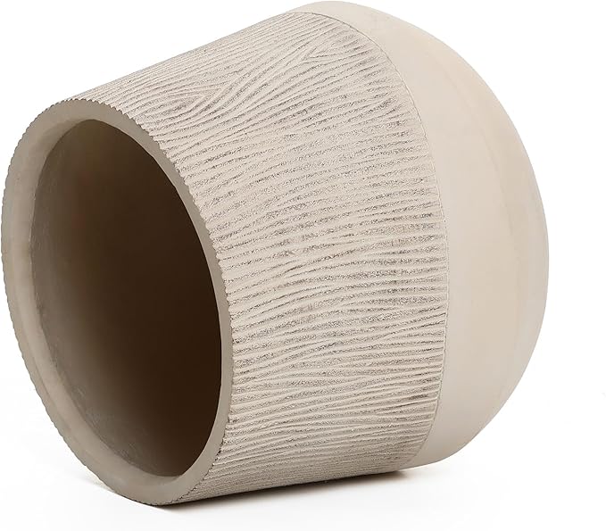 LuxenHome 17" Dia Concrete Round Planter, Large Outdoor Indoor Plant Pot with Drainage Hole and Rubber Plug, Flower Pot for Plants, Blended Tan with Wood Pattern Planter for Home Garden Patio