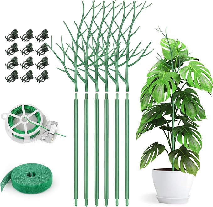 6 Pack Plant Support Stakes for Indoor Plants, 27.56 Inch Twig Plant Sticks with Orchid Clips Twist Ties and Plant Ties for House Potted Plants and Flower, Plastic Branches Support Structures, Green