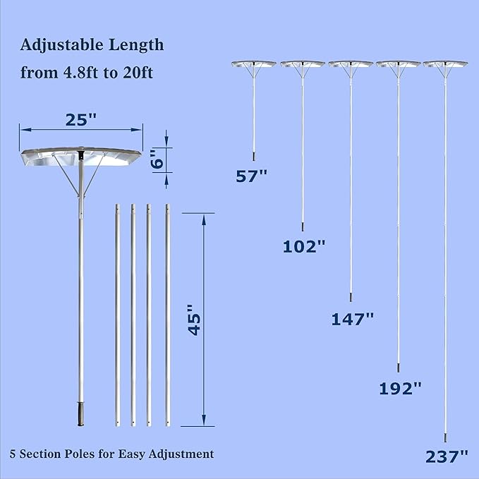 20 Feet Snow Roof Rake, 25 Inch Aluminum Blade and Handle, Snow Rake Telescoping Snow Removal Tool