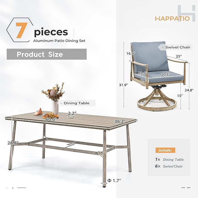 HAPPATIO 7-Piece Outdoor Dining Set for 6, Aluminum Patio Dining Set Includes 6 Swivel Dining Chairs and 1 Large Rectangular Table with Umbrella Hole, Patio Furniture Set for Lawn, Porch, Brown
